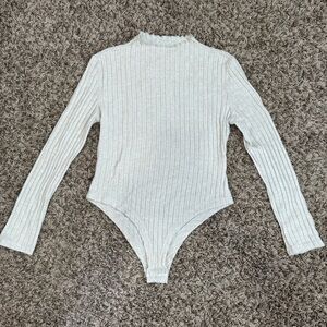 Cream Ribbed Long Sleeve Bodysuit with High Neckline